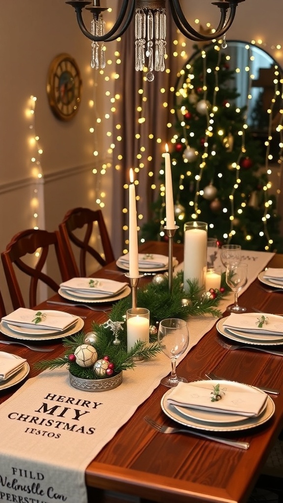 A festive Christmas table decorated with DIY elements including a runner, centerpieces, and place settings.
